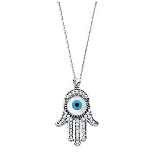 14K White Gold  CZ Evil Eye Necklace - 17+1"